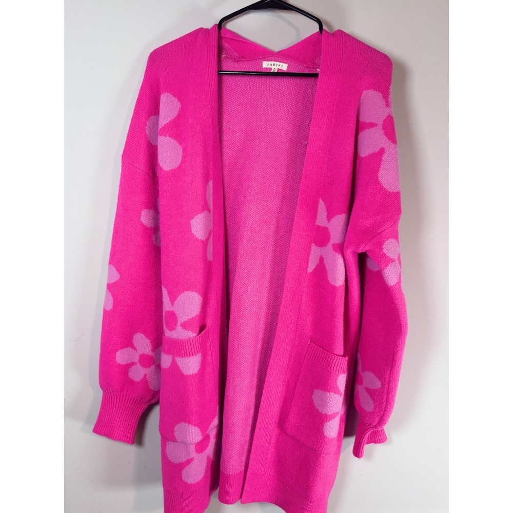 Jodifl Hot Pink Floral Open Front Cardigan Sweater Longline Pockets H10234 Small